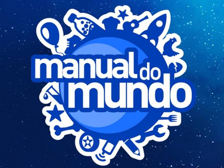 Logo do "Manual do mundo", com uma bola e vários objetos e animais no contorno, como foguetes, galinhas, garrafas, estrelas, violão