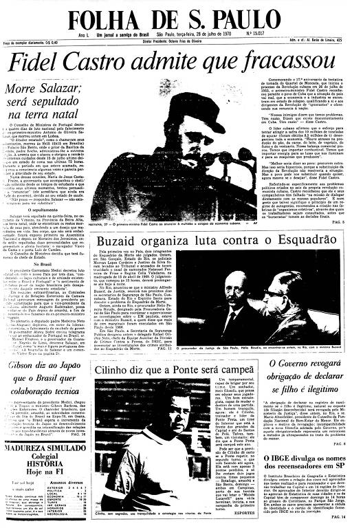 Primeira Página da Folha de 28 de julho de 1970