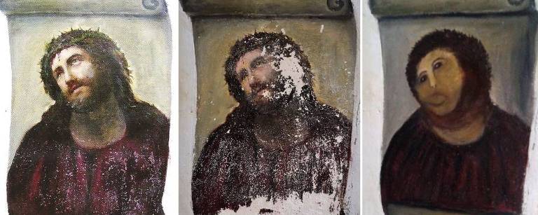 Imagem mostra a pintura original de Cristo à esquerda, a pintura com estragos do tempo ao centro, e à direita, a tentativa de retauração que desfigurou a printura