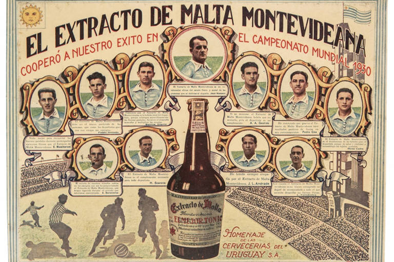 Os uruguaios campeões mundiais de 1930, em anúncio da bebida Extrato de Malte Montevideana
