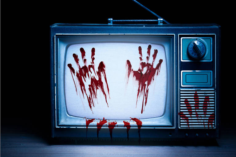Ilustração mostra televisão com marcas vermelhas de mãos