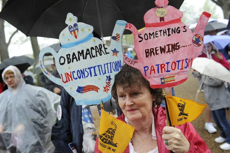 Mulher segura cartazes contra o Obamacare em comício do movimento Tea Party