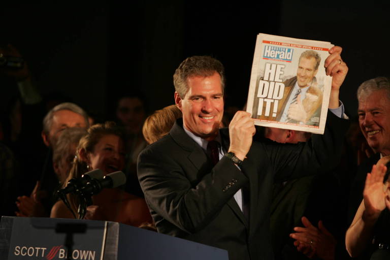 FILE -- Scott Brown celebrates his upset victory to fill a vacant Senate seat from Massachusetts, in Boston, Jan. 19, 2010. Brown's win made it clear to members of both parties that they had been wrong to underestimate the Tea Party?s potential. (Bryce Vickmark/The New York Times)