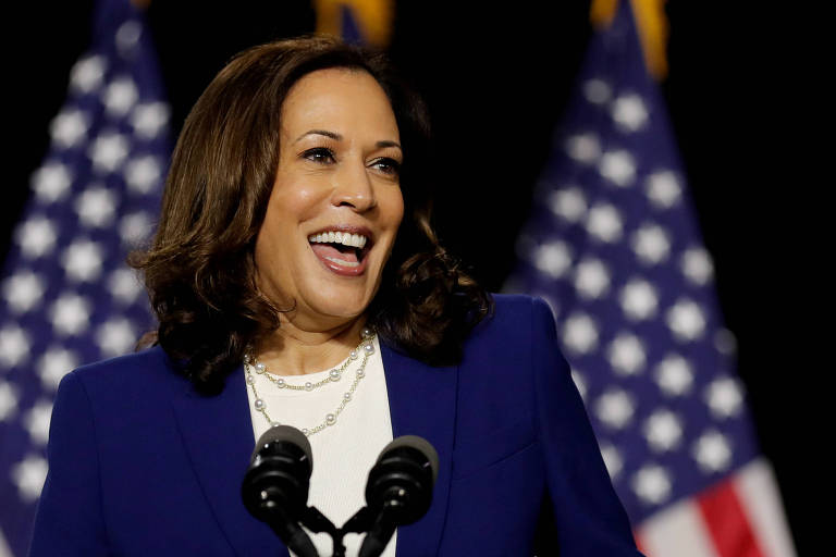 A candidata a vice-presidente dos EUA pelo Partido Democrata, Kamala Harris, durante evento com Joe Biden em  Wilmington, no estado de Delaware