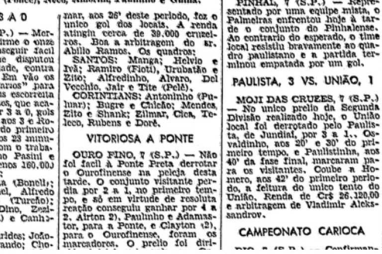 Registro da primeira aparição do nome de Pelé na Folha da Manhã, em 8 de setembro de 1956