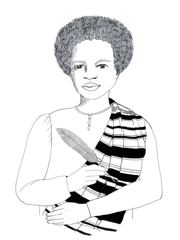 desenho em preto e branco de mulher negra, com cabelo black power, segura uma pena em uma das mãos e veste uma blusa branca com um lenço caindo aos ombros.