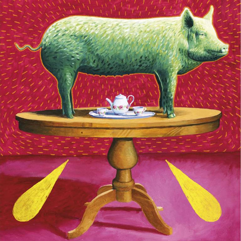 Porco em cima de uma mesa redonda, com fundo vermelho e rosa