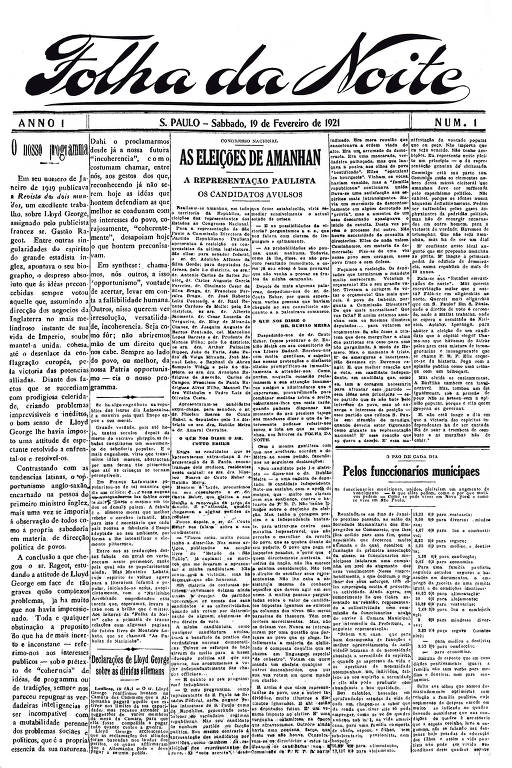 Primeira página da primeira edição do jornal Folha da Noite de 19 de fevereiro de 1921
