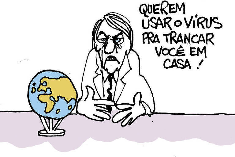 Charge de Laerte publicada na Folha mostra ilustração do presidente em crítica ao discurso contra lockdown