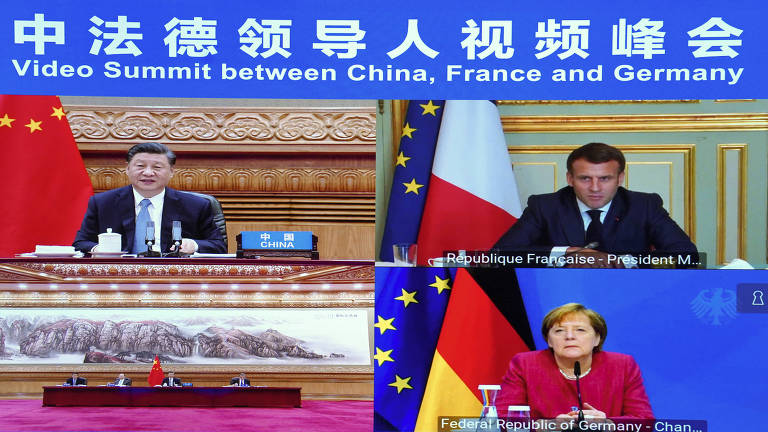 Reunião por vídeo entre o dirigente chinês Xi Jinping, à esq., o presidente francês, Emmanuel Macron, e a primeira-ministra alemã, Angela Merkel