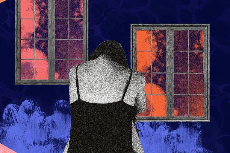 Montagem colorida com a foto de uma mulher, de costas. ela está diante de uma janela