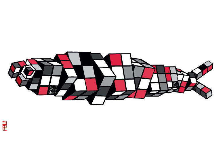 Ilustração de um peixe formado por paralelepípedos compostos por cubos menores nas cores branca, vermelha, cinza e preta.