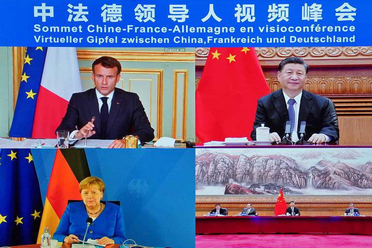 Videoconferência entre Emmanuel Macron (esq.), Xi Jinping (dir.) e Angela Merkel (abaixo) 