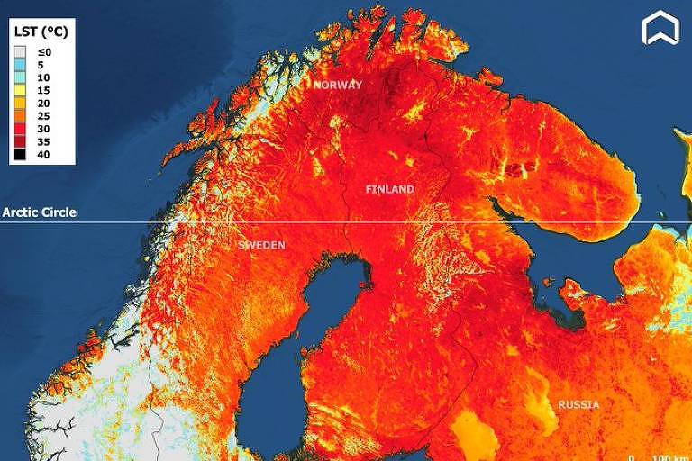 Mapa divulgado pela Organização Meteorológica Mundial mostra temperaturas altas na Finlândia