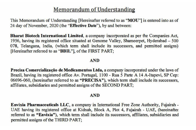 Memorando de entendimento de 24 de novembro de 2020 mostra a existência de uma segunda empresa intermediadora da vacina indiana Covaxin, a Envixia Pharmaceuticals, dos Emirados Árabes Unidos