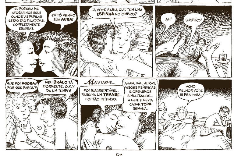 pagina em preto e branco com quadrinhos mostram mulheres abraçadas nuas na cama
