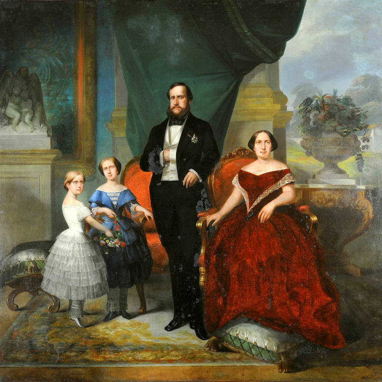 Família Imperial - O imperador D. Pedro II, sua esposa Teresa Cristina e suas filhas, princesas Isabel e Leopoldina, por François-René Moreaux, 1857. No Museu Imperial de Petrópolis
