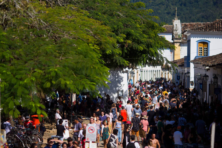 árvore enorme sobre movimentação de pessoas na cidade de paraty