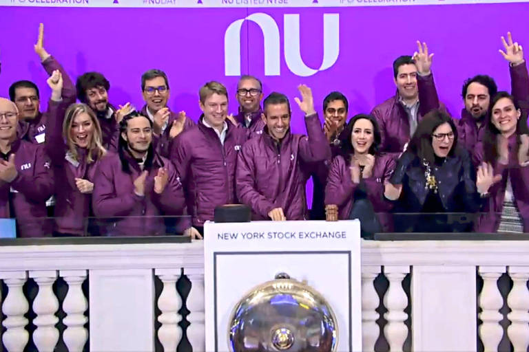 Fundadores do Nubank durante cerimônia de abertura de capital na Bolsa de Nova York (Nyse), nos Estados Unidos