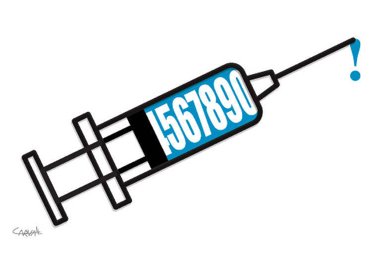 Ilustração de Carvall, em 19/12/2021, mostra uma seringa na diagonal. Dentro do êmbolo, em fundo de cor azul, tem a sequência numérica 4567890 onde parte do 4 está cortada. Na ponta da agulha, tem um ponto de exclamação pendurado, também da cor azul