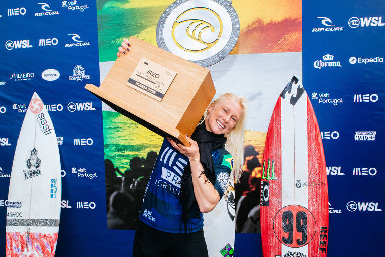 PENICHE, PORTUGAL - MARCH 7: Tatiana Weston-Webb of Brazil after winning the Final at the MEO Pro Portugal on March 7, 2022 in Peniche, Portugal. (Photo by Damien Poullenot/World Surf League)