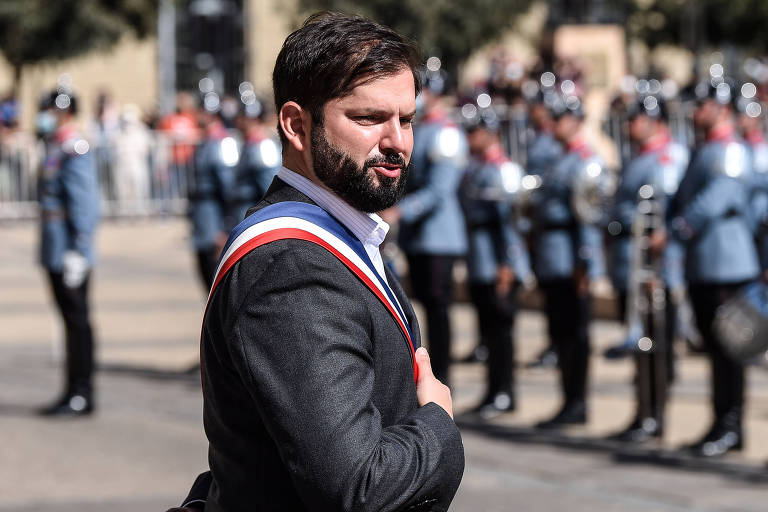 O presidente chileno, Gabriel Boric, durante a cerimônia de posse, em Santiago