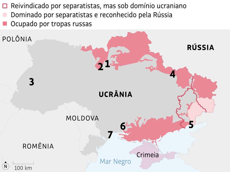 Mapa da Ucrânia com a localização de sete cidades: Kiev e Irpin (norte); Lviv (oeste); Kharkiv (nordeste); Mariupol (leste); Mikolaiv e Odessa (sul)