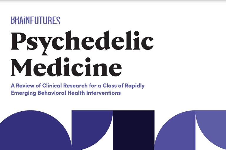 Capa de relatório com grafismos roxos e pretos e o título "Medicina Psicodélica" em inglês