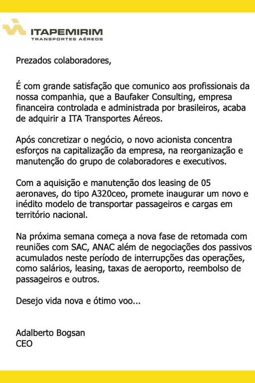 Comunicado da ITA enviado aos funcionários da empresa