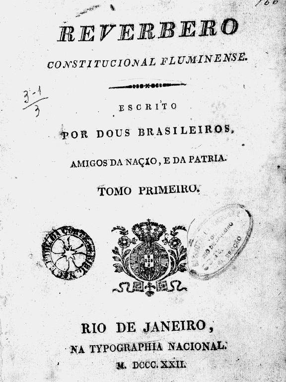 Trata-se da primeira página do periódico, onde lê-se o nome do jornal, seguido pela frase "escrito por dois brasileiros amigos da nação e da pátria, tomo primeiro". Rio de Janeiro, impresso na tipografia nacional.