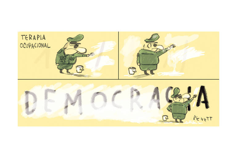 A charge de Benett publicada na Folha no dia 26 de abril de 2022 é dividida em três quadros e tem o título de Terapia Ocupacional. O primeiro quadro mostra um general com um balde tinta branco no chão com um pincel pintando o que parece ser uma parede amarela. O segundo quadro mostra o general de costas pintando de branco essa parede. No terceiro e último quadro a palavra Democracia está sendo encoberta pela tinta, como se estivesse sendo apagada.