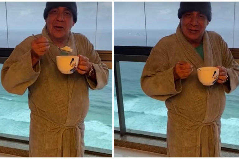 Zeca Pagodinho estreia 'look' de inverno com gorro, roupão, meia e chinelo