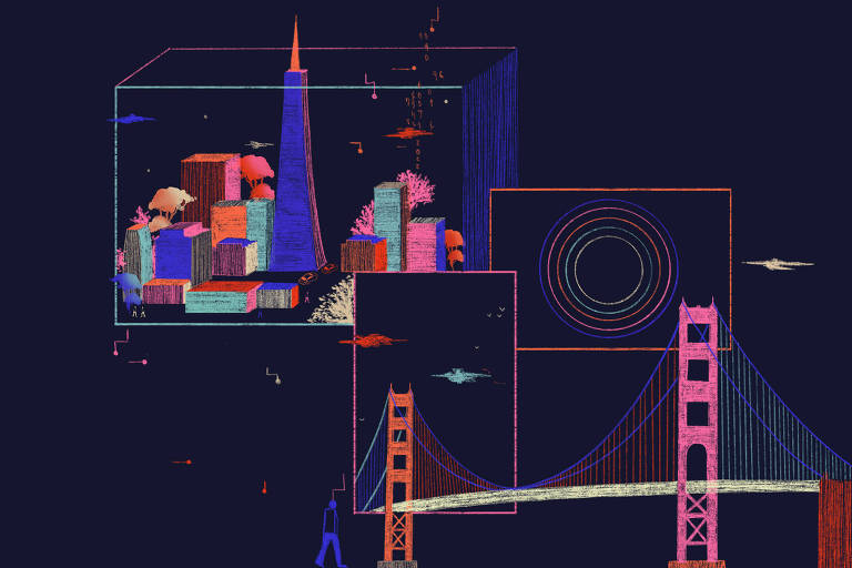Arte ilustra, sobre um fundo noturno, quadros com paisagens da cidade de São Francisco, na Califórnia, como a ponte Golden Gate.