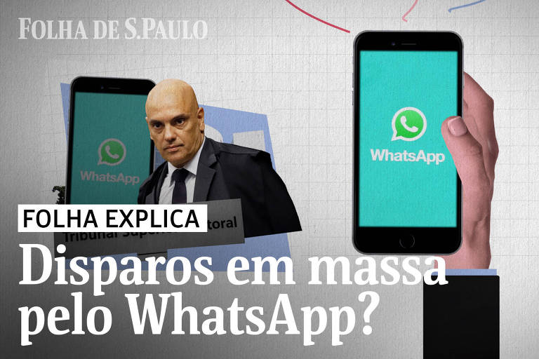 Ilustração mostra uma mão segurando um celular e uma imagem do ministro do STF Alexandre de Moraes