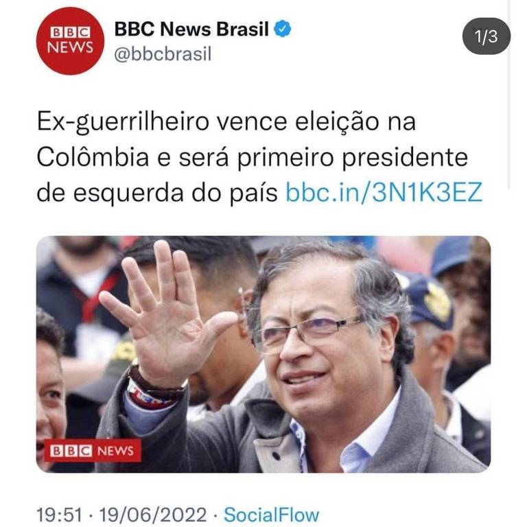 Reprodução de tuíte da BBC sobre a eleição de Gustavo Petro na Colômbia