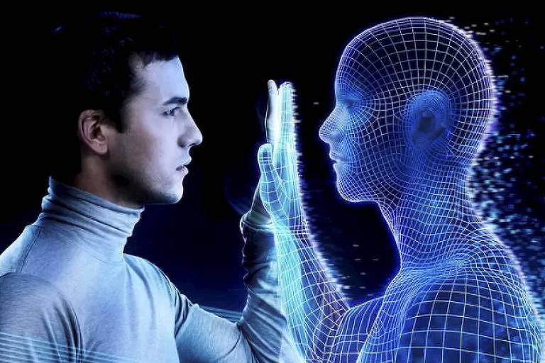 Homem encosta a mão esquerda na mão direita da imagem holográfica de um humanoide