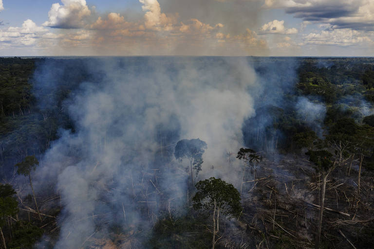 Queimada em área desmatada no seringal Albracia dentro da Reserva Extrativista Chico Mendes, em Xapuri, no Acre