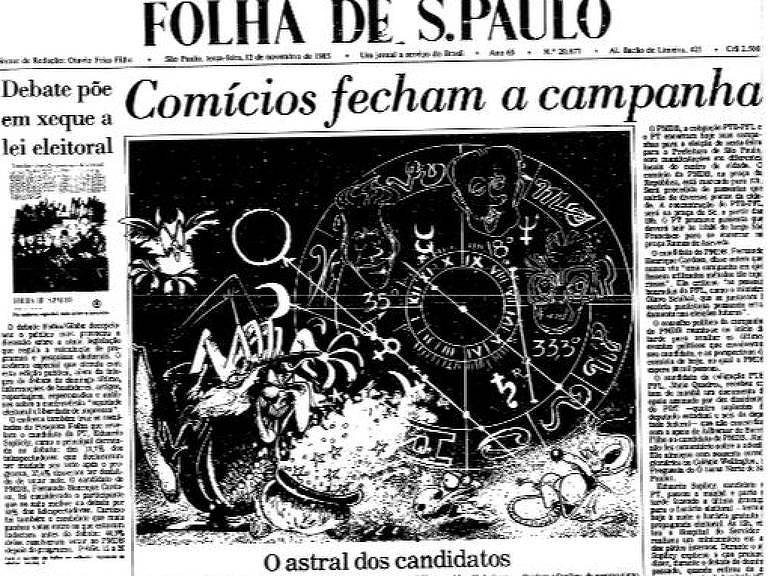 Reprodução de capa de jornal em preto e branco, com imagem grande de um mapa astral