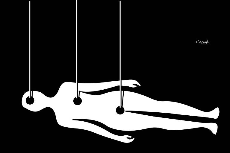 Ilustração de um corpo branco deitado com linhas verticais sobre ele, uma na cabeça, uma no peito e uma na pelve. O fundo é todo preto.