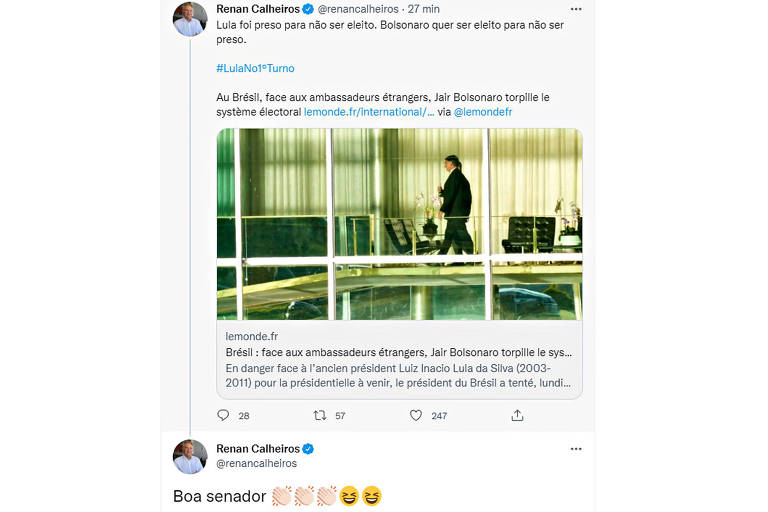 Senador Renan Calheiros (MDB-AL) responde a si mesmo no Twitter.