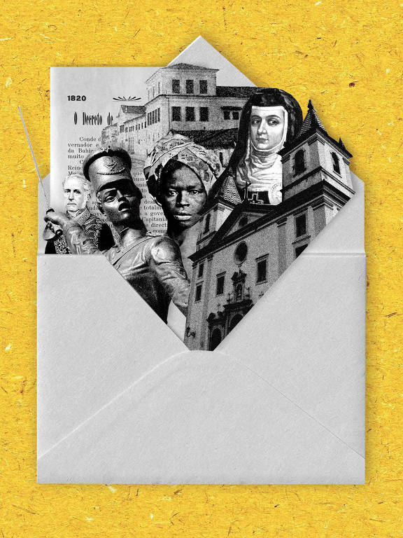 envelope branco sobre fundo amarelo com imagens representativas da independencia da bahia, principalemente mulheres como maria felipa, maria quitéria e joana angélica. além da imagem de uma igreja, convento da lapa e do general madeira de mello