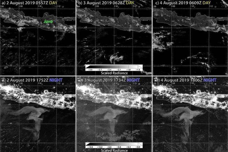 Imagem publicada no relatório científico da equipe Miller na Nature Scientific Reports, em julho de 2021, comparando visualizações de satélite diurnas e noturnas