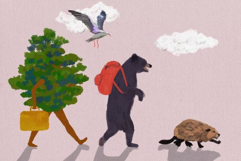 Are ilustra um urso carregando uma mochila, uma árvore com uma bolsa, uma ave e um roedor caminhando juntos, como se estivessem migrando.