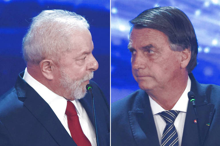 Montagem com fotos de Lula e Bolsonaro durante participação em debate entre presidenciáveis, em São Paulo