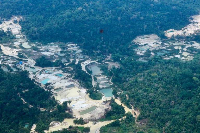 Grande área devastada pelo garimpo ilegal no meio da floresta amazônica