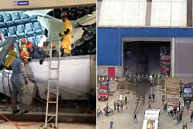 Primeira imagem, à esquerda, Mostra bombeiros fazendo resgate dentro do galpão. À direita, uma foto aérea mostra carros dos bombeiros e os profissionais do lado de fora do local.