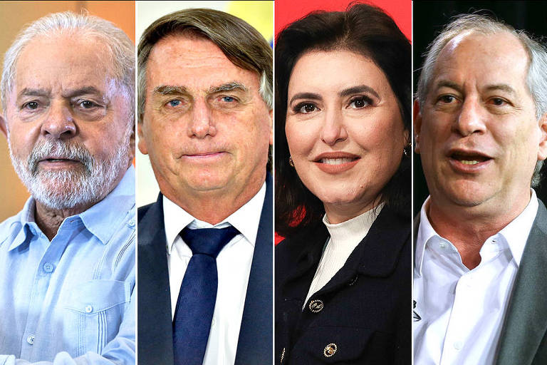 Montagem com candidatos a presidencia Luiz Inacio Lula da Silva (PT), Jair Bolsonaro (PL), e Simone Tebet (MDB) e Ciro Gomes 