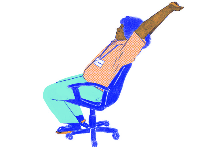 Ilustração mostra uma pessoa negra de perfil, sentada em uma cadeira de escritório enquanto se alonga