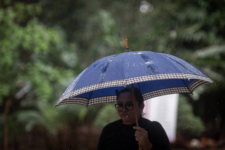 Mulher no meio do parque da Água Branca, caminha embaixo de guarda-chuva.