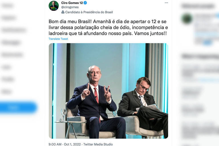 Ciro Gomes usa foto com Bolsonaro ao seu lado para pedir voto na véspera da eleição